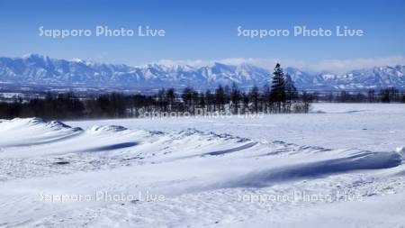 日高山脈と地吹雪の雪原