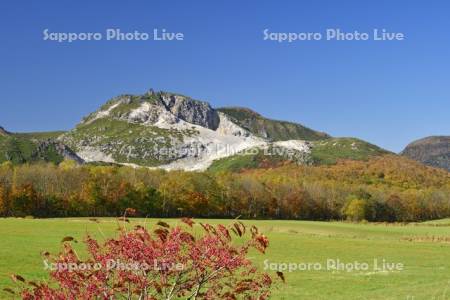 硫黄山の紅葉と牧草地