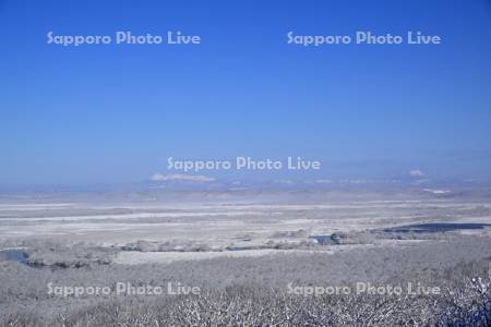 阿寒富士、雌阿寒岳と雄阿寒岳と雪の釧路湿原