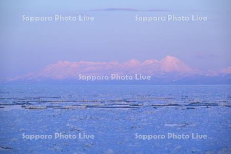 残照の知床連山と流氷