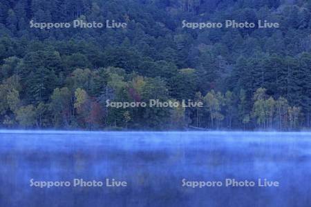 紅葉するオンネトー湖畔と朝もや