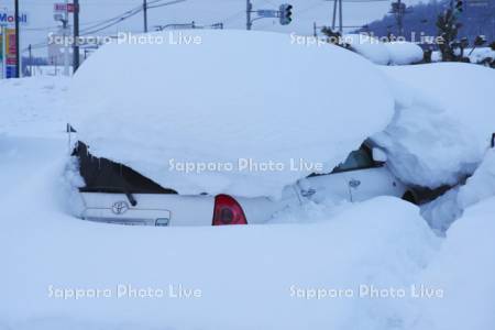 雪に埋もれた駐車場の車