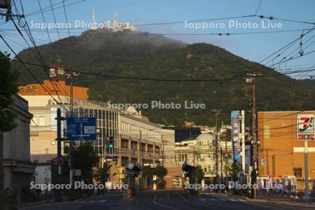 朝の函館山と十字街