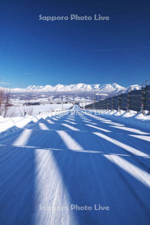 十勝岳連峰と冬の道