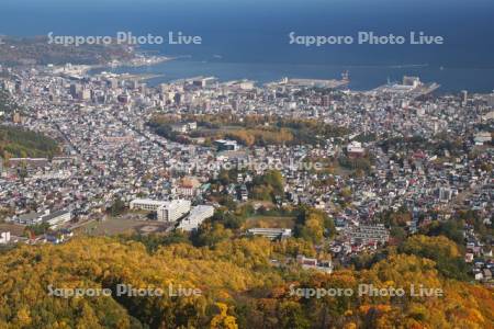 小樽天狗山の紅葉と小樽市街地