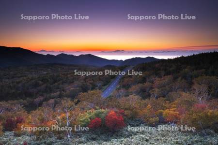 知床峠付近より望む国後島の朝と知床横断道路と紅葉