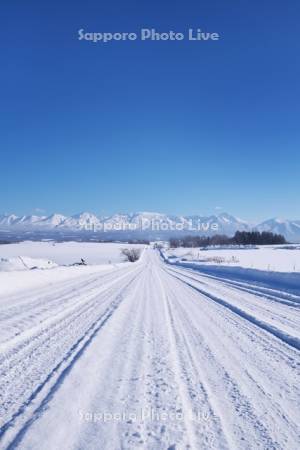 十勝岳連峰と雪の道