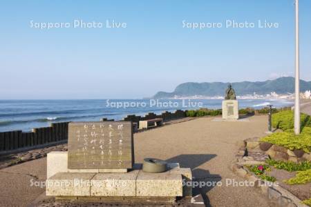 函館小公園の石川啄木像と函館山