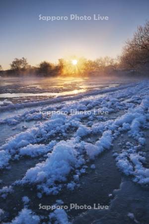 釧路川の日の出とフロストフラワーと氷