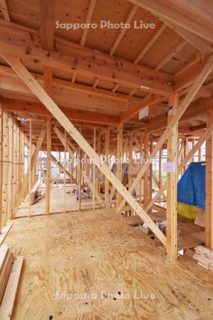 住宅（アパート）の建築工事　2F骨組と屋根裏