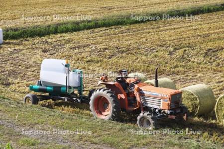 飼料用稲の刈取りとロールベールとラッピング作業