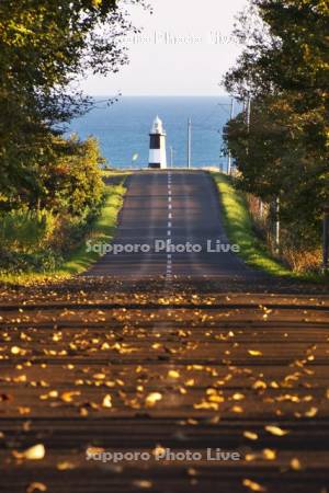 能取岬灯台と秋の道とオホーツク海