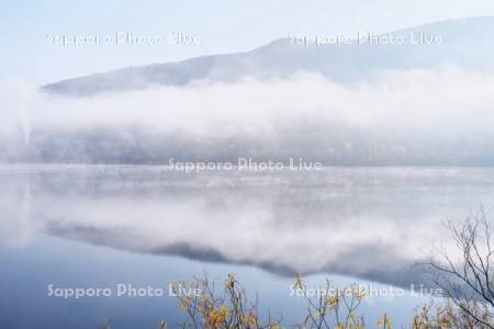 かなやま湖の霧と紅葉