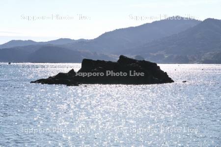 モアイ岩と志津川湾