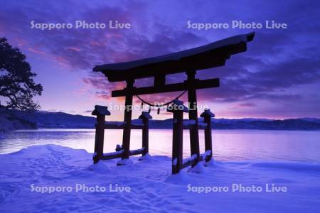 田沢湖と御座石神社の鳥居の朝