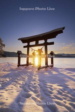田沢湖と御座石神社の鳥居の日の出