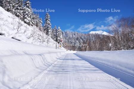 旭岳（大雪山）と雪の道