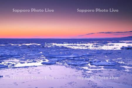 日の出岬の朝の流氷とオホーツク海
