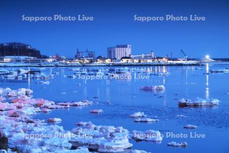 網走漁港と朝の流氷