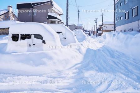 大雪で埋もれた車と道
