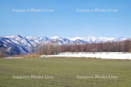 日高山脈と残雪の農地