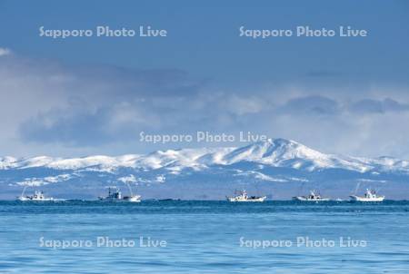 国後島とホタテ漁船