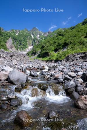 ヤムナイ沢の雪解け水と利尻山