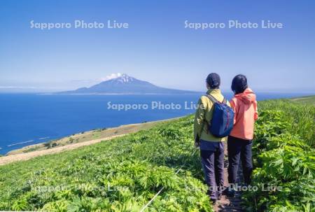 礼文島より利尻島を眺める人