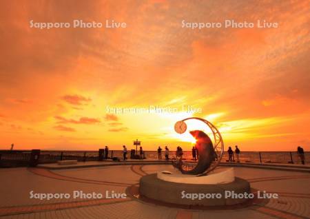 ノシャップ岬の夕景とイルカのモニュメント