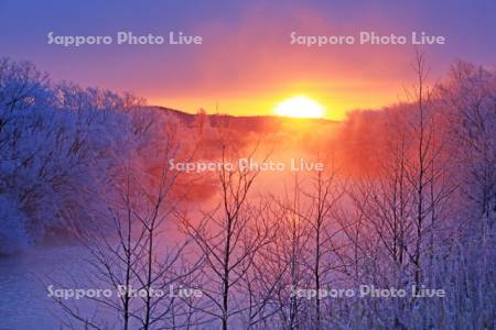 日の出と霧氷の釧路川
