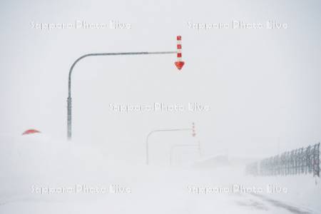 地吹雪の道路　固定式視線誘導柱