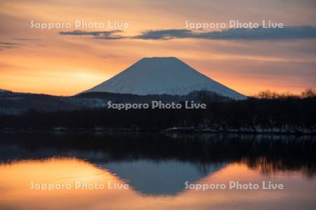 朝焼けの羊蹄山と尻別川