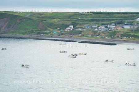 コンブ漁船と漁村